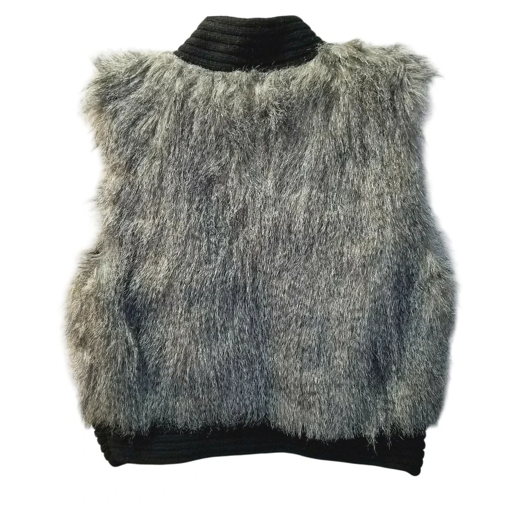 Womens Faux Fur Knit Vest Large NY Collection Black Gray Snap Closure Y2K Grunge